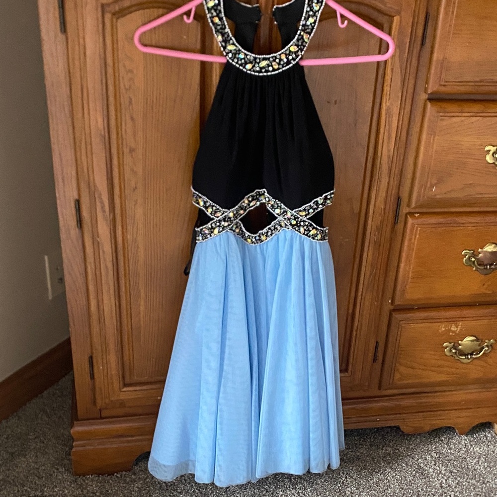 Blondie Nites Black and Light Blue Beaded Halter Gown